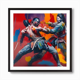 Olpntng Style Samurai Fighting One Another Bloodied And Bruised With Ground On Alight Oil Painting 818265913 Art Print