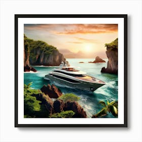 Tropical Island Super Yacht In Bay Art Print