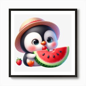 Cute Penguin Eating Watermelon 2 Art Print