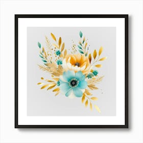 Watercolor Gold And Teal Bouquets 15 Art Print