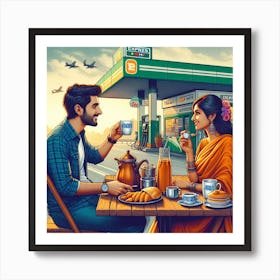 Indian Couple At Gas Station Art Print