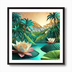 Firefly Beautiful Modern Abstract Lush Tropical Jungle And Island Landscape And Lotus Flowers With A (11) Art Print