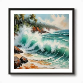 Waves Crashing Into Rocks On Tropical Beach Lots Of White Water Spray In The Air Art Print