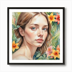 Watercolor Of A Girl With Flowers 5 Art Print