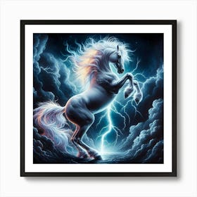 Majestic White Horse in a Thunderstorm - Stunning Digital Art Print with Lightning Art Print