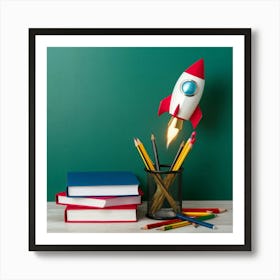 Rocket Ship With Pencils And Books Art Print