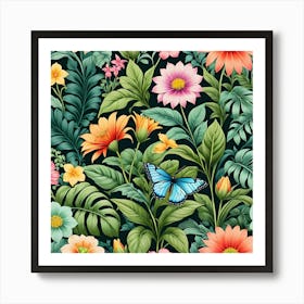 Seamless Pattern With Flowers And Butterflies Art Print