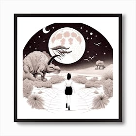Girl Walking In The Moonlight Art Print