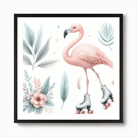 Flamingo on roller skates Art Print