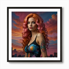 Beautiful Young Woman With Tattoos And Red Hair Affiche