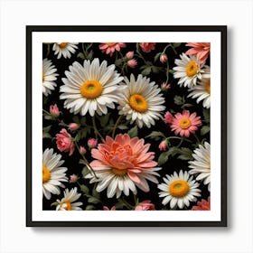 2d Daisy And Rose Line Art Floral Fabric Pattern On Black Background 2323570871 Art Print