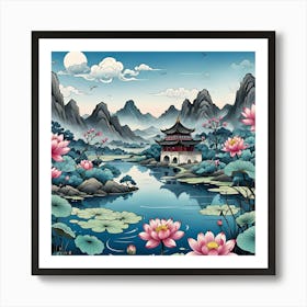 Chinese Landscape With Lotus, Pink, Blue and Black Flowers Art Print