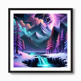 Winter Landscape With Lightning 1 Art Print