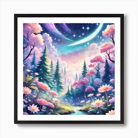 A Fantasy Forest With Twinkling Stars In Pastel Tone Square Composition 135 Art Print