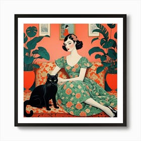 Lady And A Black Cat Art Print