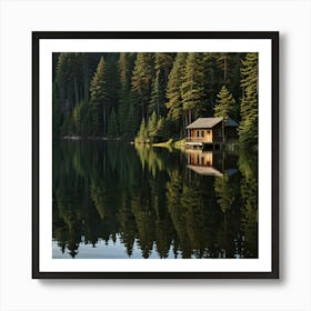 A Peaceful Lakeside Cabin Surrounded By Pine Trees And Reflecting In The Still Water 2 Art Print