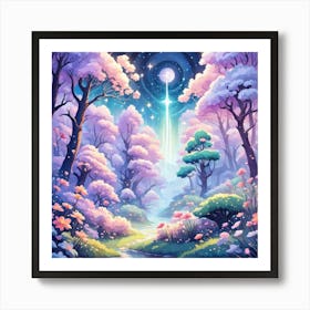 A Fantasy Forest With Twinkling Stars In Pastel Tone Square Composition 29 Art Print