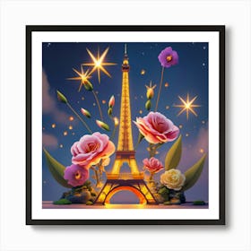 Roses And Eiffel Tower Art Print