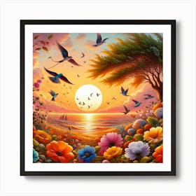 Sunset With Birds And Flowers Art Print