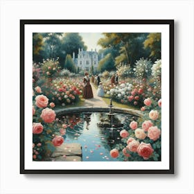 Rose Garden With The Fountain, Acrylic Style Painting 9 Art Print