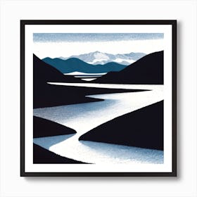 Black And White  Of A River In A Snowy Landscape Art Print