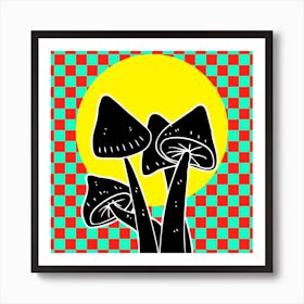 Classic Mushrooms On A Checkered Background Art Print