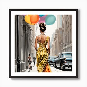 Woman Walking Down The Street With Balloons,wall art Art Print