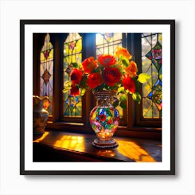 The Vase. Decoupage. Roses. Coloured glass. Window. Stained glass. Art Print