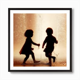 Silhouette Of Children Playing In Water Art Print