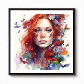 Watercolor Floral Red Hair Woman #9 Art Print