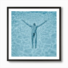 Naked Man In The Pool in blue Drawing. In to water Art Print