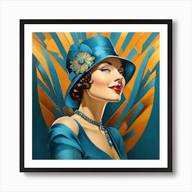 Woman In A Blue Hat - Art Deco Style - Woman Art Print