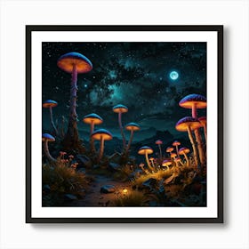 Mushroom Forest At Night Art Print