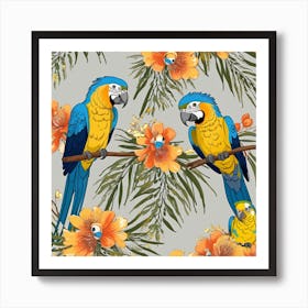 Seamless Pattern With Acacia Flowers And Parrots Vector 1 Art Print