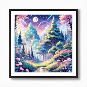 A Fantasy Forest With Twinkling Stars In Pastel Tone Square Composition 125 Art Print