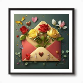 An open red and yellow letter envelope with flowers inside and little hearts outside 2 Art Print