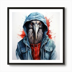 Watercolour Cartoon Heron In A Hoodie 1 Art Print