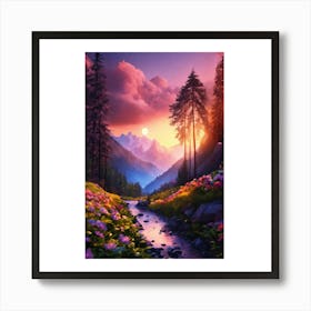 Mountain Stream At Sunset Art Print