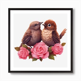 Birds On Roses Art Print