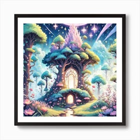 A Fantasy Forest With Twinkling Stars In Pastel Tone Square Composition 121 Art Print