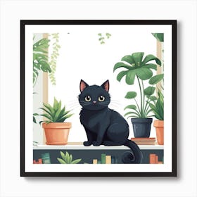 Black Cat On The Window Sill, wall art, painting design Art Print