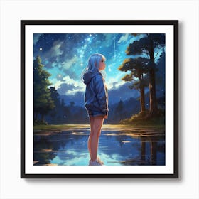 Anime Girl Looking At The Night Sky Art Print