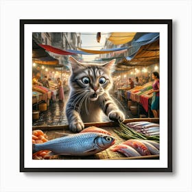 Cat At The Fish Market 2 Art Print