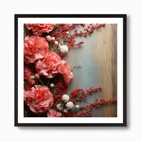 Pink Carnations On A Wooden Background Art Print