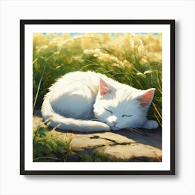 White Cat Sleeping In The Grass 3 Art Print