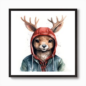 Watercolour Cartoon Reindeer In A Hoodie 3 Art Print