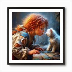 Little Girl Kissing A Cat Art Print