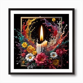 A lit candle inside a picture frame surrounded by flowers 4 Art Print