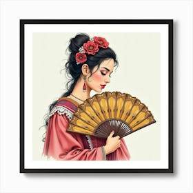 Spanish Woman With A Traditional Fan, Watercolor With Intricate Patterns 1 Art Print