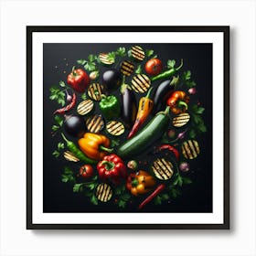 Grilled Vegetables On Black Background 1 Art Print